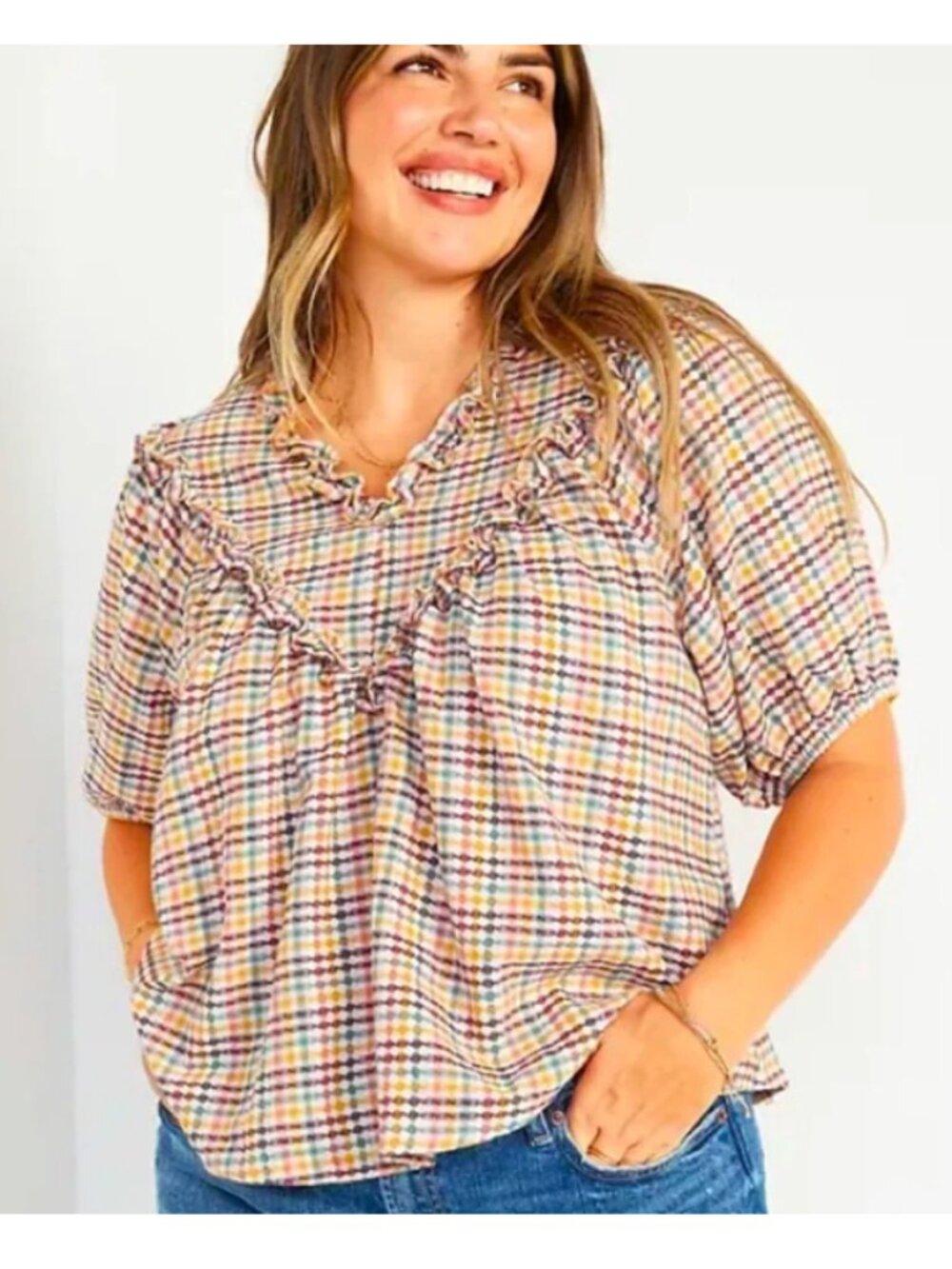Old Navy Multi Color Plaid Ruffle Short Sleeve Blouse XS